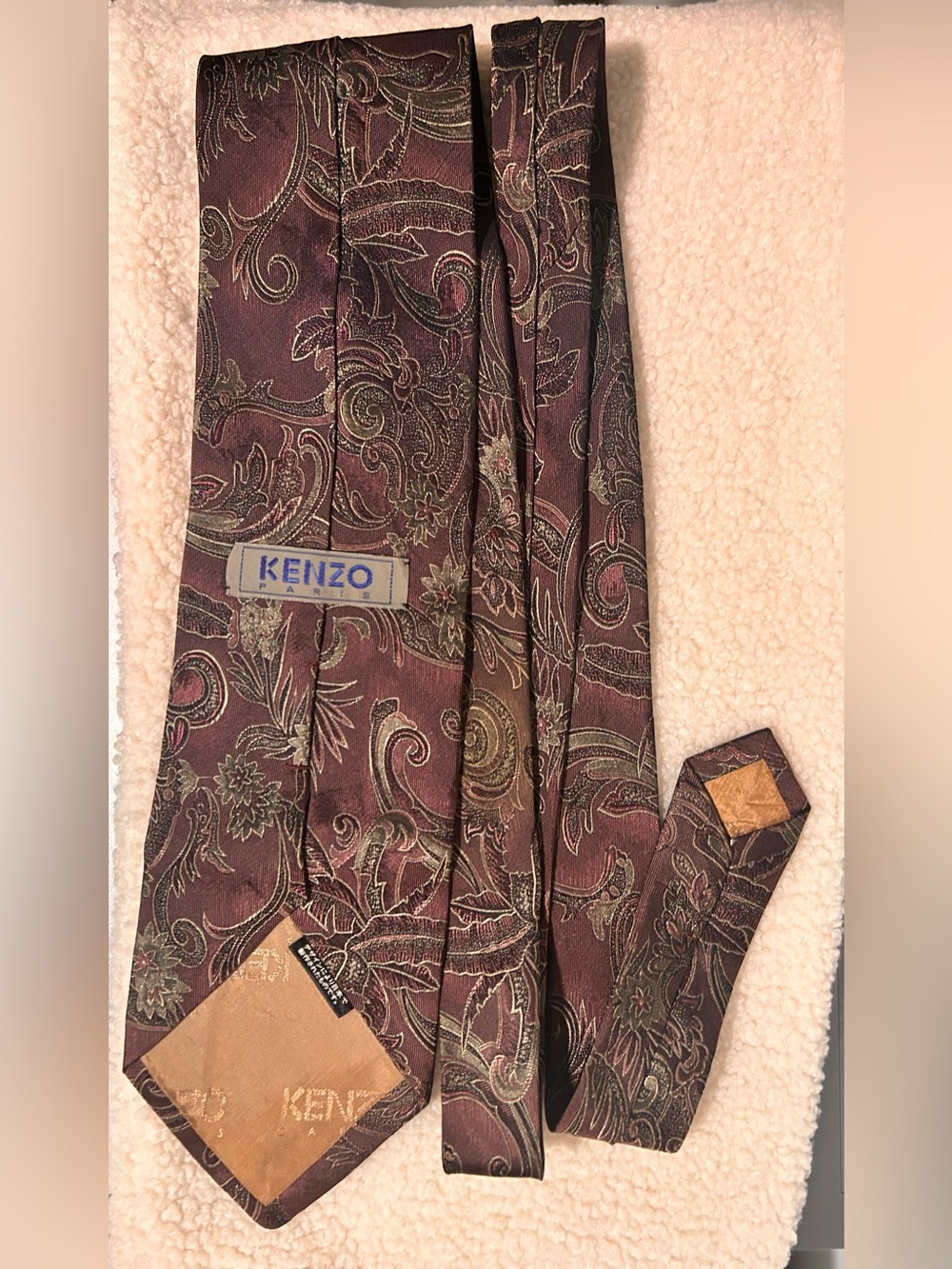 Kenzo Burgundy Paisley Silk Tie with Gold Accents 100% silk
